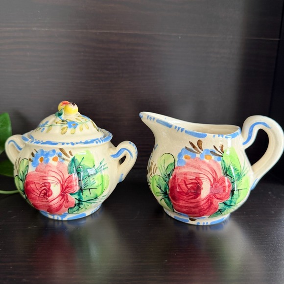 Floral Cream and Sugar Set Painted Made in Italy Cream Blue Pink Collectible - Picture 9 of 9